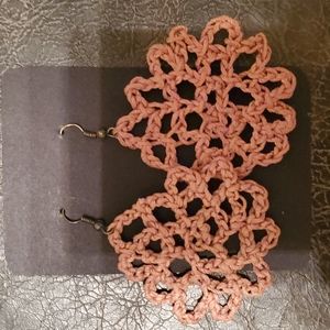 THANDMADE HANDCRAFTED EARRINGS TAN BROWN KNITTED AND COATED SO THEIR HARD